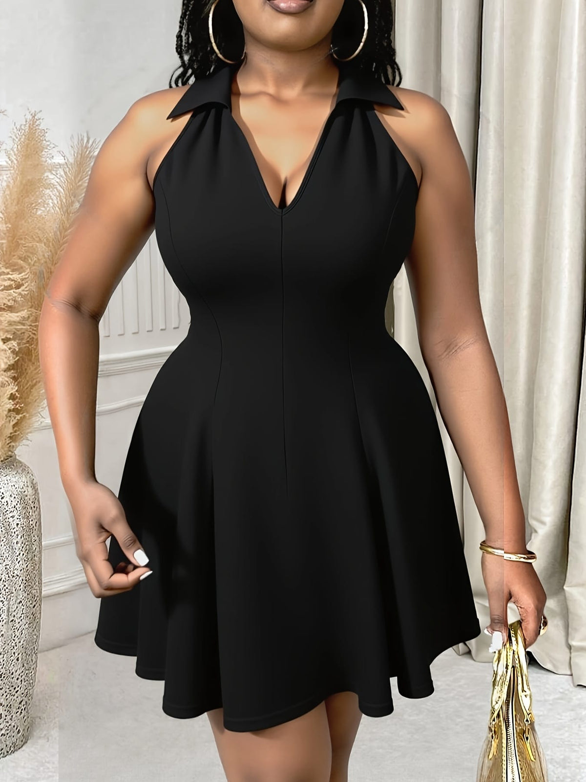jkthpu-45 Plus Size - Elegant Black V-Neck Sleeveless Midi Dress with Ruffled Hem - Perfect for Spring, Summer & Fall, Casual Chic Style, Polyester Blend, Backless Design, Casual Chic Attire | Ruffled Hem Dress | Polyester Blend Dress