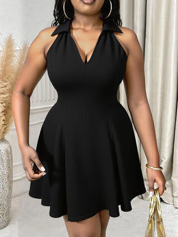 jkthpu-45 Plus Size - Elegant Black V-Neck Sleeveless Midi Dress with Ruffled Hem - Perfect for Spring, Summer & Fall, Casual Chic Style, Polyester Blend, Backless Design, Casual Chic Attire | Ruffled Hem Dress | Polyester Blend Dress