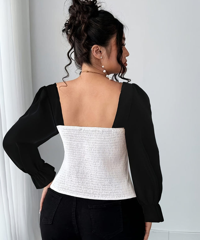 jkthpu-45 Plus Size Elegant Blouse – Black & White Contrast Waist-Cinching Shirt