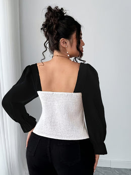 jkthpu-45 Plus Size Elegant Blouse – Black & White Contrast Waist-Cinching Shirt