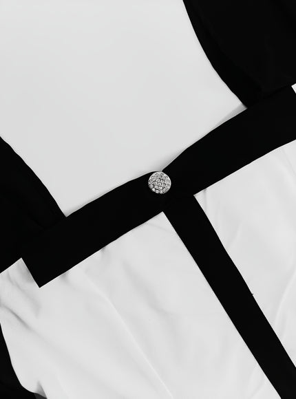 jkthpu-45 Plus Size Elegant Blouse – Black & White Contrast Waist-Cinching Shirt