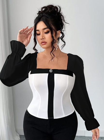 jkthpu-45 Plus Size Elegant Blouse – Black & White Contrast Waist-Cinching Shirt
