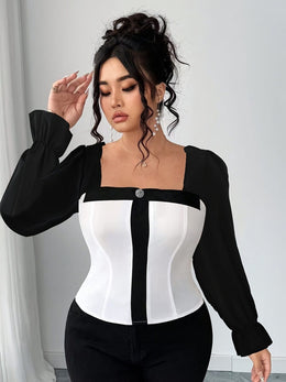 jkthpu-45 Plus Size Elegant Blouse – Black & White Contrast Waist-Cinching Shirt