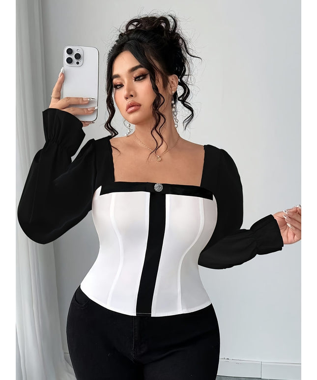 jkthpu-45 Plus Size Elegant Blouse – Black & White Contrast Waist-Cinching Shirt