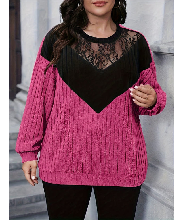 jkthpu-45 Plus Size Elegant Color Block Lace Long Sleeve Top