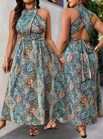 jkthpu-45 Plus Size - Elegant Cross-Back Peplum Dress - Vibrant Floral Print, Sleeveless, Non-Stretch Fabric, All-Season Wear, Vacation Style, Women'S Fashion, Casual Attire|Vibrant Print Dress|Strapless Elegance