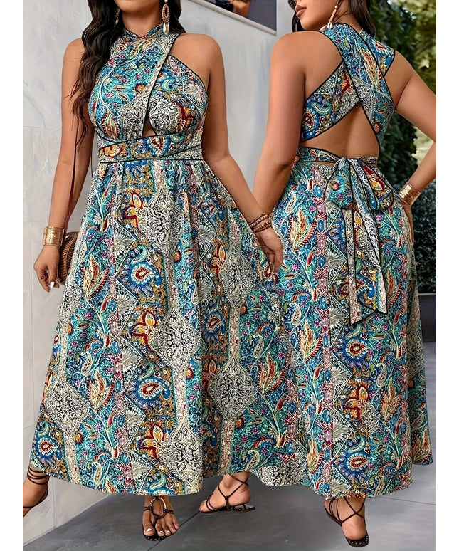 jkthpu-45 Plus Size - Elegant Cross-Back Peplum Dress - Vibrant Floral Print, Sleeveless, Non-Stretch Fabric, All-Season Wear, Vacation Style, Women'S Fashion, Casual Attire|Vibrant Print Dress|Strapless Elegance
