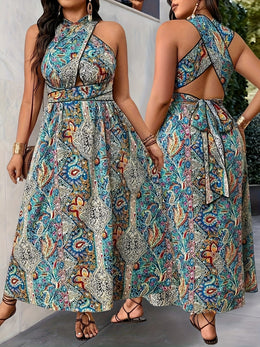 jkthpu-45 Plus Size - Elegant Cross-Back Peplum Dress - Vibrant Floral Print, Sleeveless, Non-Stretch Fabric, All-Season Wear, Vacation Style, Women'S Fashion, Casual Attire|Vibrant Print Dress|Strapless Elegance