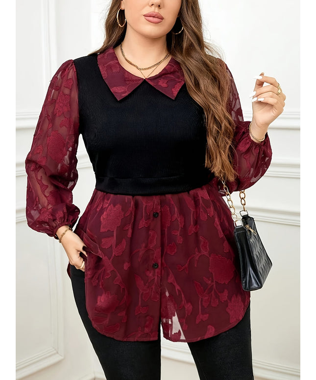 KissICON Plus Size Elegant Floral Lantern Sleeve Top with Button Detail - Red Long Sleeve Blouse for Women, Plus Size Blouses