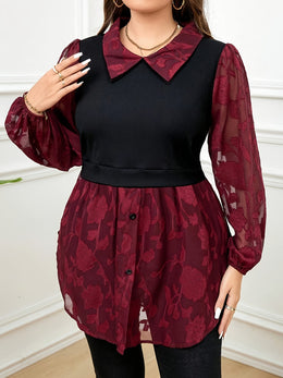KissICON Plus Size Elegant Floral Lantern Sleeve Top with Button Detail - Red Long Sleeve Blouse for Women, Plus Size Blouses