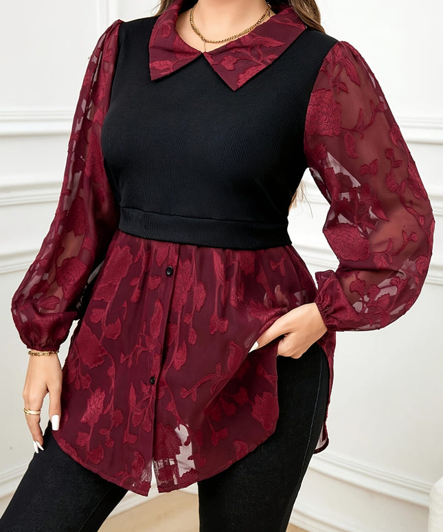 KissICON Plus Size Elegant Floral Lantern Sleeve Top with Button Detail - Red Long Sleeve Blouse for Women, Plus Size Blouses