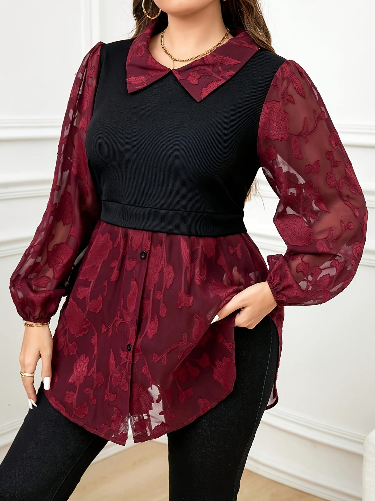 KissICON Plus Size Elegant Floral Lantern Sleeve Top with Button Detail - Red Long Sleeve Blouse for Women, Plus Size Blouses