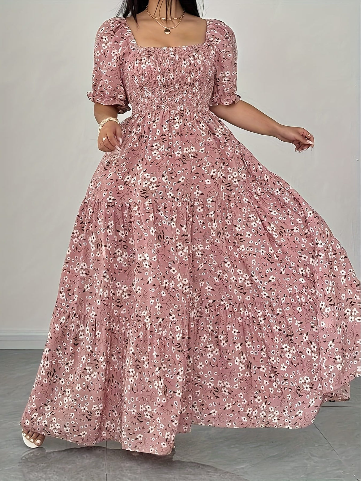 jkthpu-45 Plus Size - Elegant Floral Print Maxi Dress with Ruffle Sleeves and Square Neckline - Loose Fit, Long Length, Perfect for Casual Outings, Casual Outing Attire|Floral Print Dress|Ruffle Sleeve Design