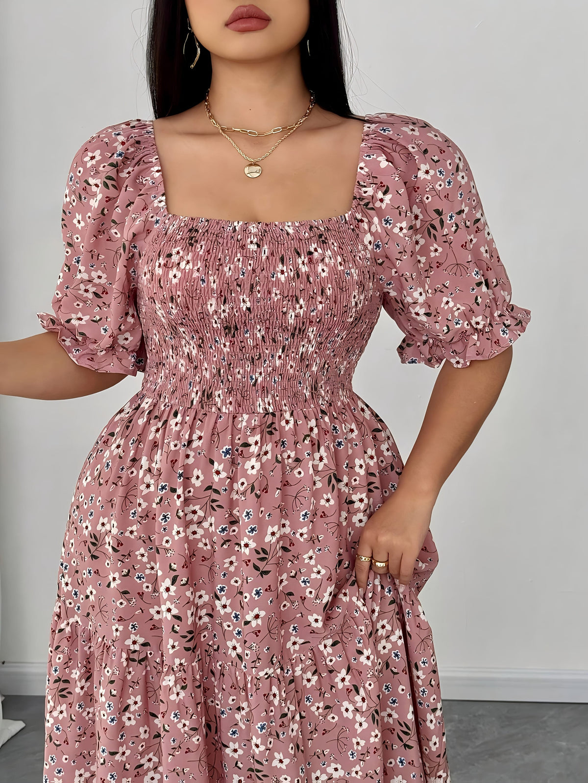 jkthpu-45 Plus Size - Elegant Floral Print Maxi Dress with Ruffle Sleeves and Square Neckline - Loose Fit, Long Length, Perfect for Casual Outings, Casual Outing Attire|Floral Print Dress|Ruffle Sleeve Design