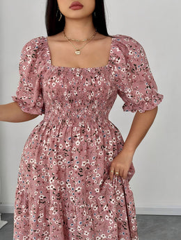 jkthpu-45 Plus Size - Elegant Floral Print Maxi Dress with Ruffle Sleeves and Square Neckline - Loose Fit, Long Length, Perfect for Casual Outings, Casual Outing Attire|Floral Print Dress|Ruffle Sleeve Design