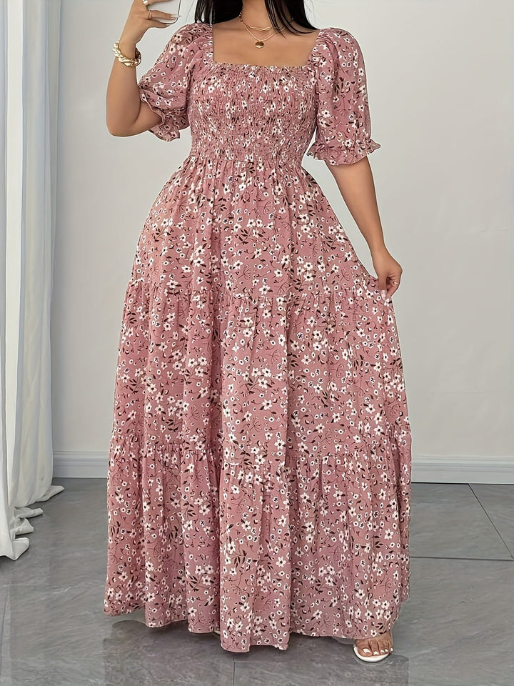 Plus Size - Elegant Floral Print Maxi Dress with Ruffle Sleeves and Square Neckline - Loose Fit, Long Length, Perfect for Casual Outings, Casual Outing Attire|Floral Print Dress|Ruffle Sleeve Design