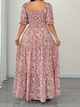 jkthpu-45 Plus Size - Elegant Floral Print Maxi Dress with Ruffle Sleeves and Square Neckline - Loose Fit, Long Length, Perfect for Casual Outings, Casual Outing Attire|Floral Print Dress|Ruffle Sleeve Design