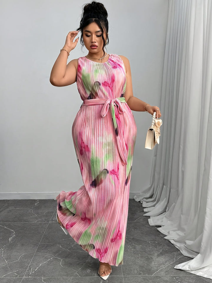 Plus Size Elegant Floral TieDye Sleeveless Vacation Dress