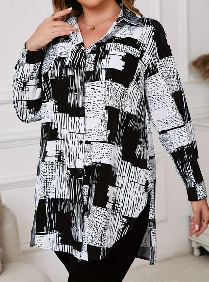 KissICON [Plus Size Elegant Geometric Shirt] Women'S Elegant Geometric-Patterned Shirt, Polyester 95% Spandex 5%, Long Sleeve with Lapel Collar, Slight Stretch Fabric, Woven, 110g/m², for Spring/Fall - Plus Size