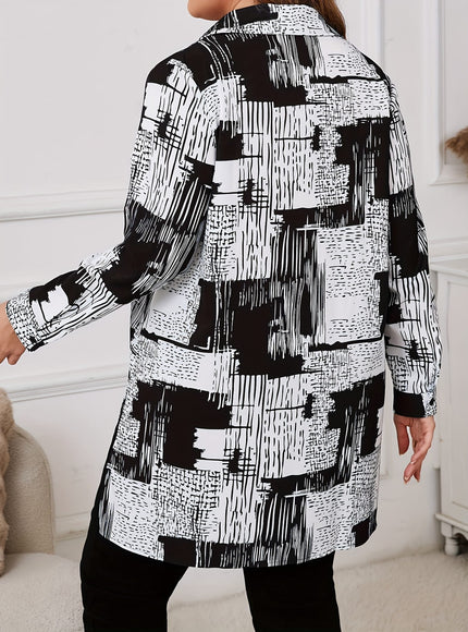 KissICON [Plus Size Elegant Geometric Shirt] Women'S Elegant Geometric-Patterned Shirt, Polyester 95% Spandex 5%, Long Sleeve with Lapel Collar, Slight Stretch Fabric, Woven, 110g/m², for Spring/Fall - Plus Size