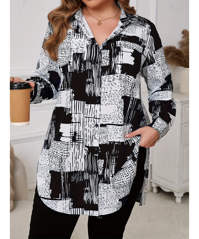 KissICON [Plus Size Elegant Geometric Shirt] Women'S Elegant Geometric-Patterned Shirt, Polyester 95% Spandex 5%, Long Sleeve with Lapel Collar, Slight Stretch Fabric, Woven, 110g/m², for Spring/Fall - Plus Size