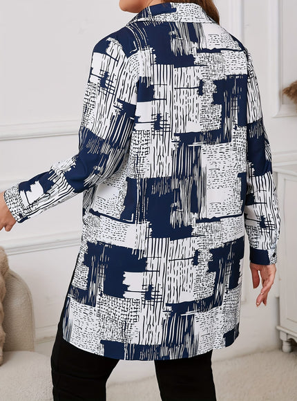 KissICON [Plus Size Elegant Geometric Shirt] Women'S Elegant Geometric-Patterned Shirt, Polyester 95% Spandex 5%, Long Sleeve with Lapel Collar, Slight Stretch Fabric, Woven, 110g/m², for Spring/Fall - Plus Size