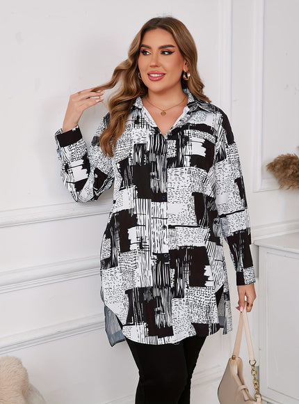 KissICON [Plus Size Elegant Geometric Shirt] Women'S Elegant Geometric-Patterned Shirt, Polyester 95% Spandex 5%, Long Sleeve with Lapel Collar, Slight Stretch Fabric, Woven, 110g/m², for Spring/Fall - Plus Size