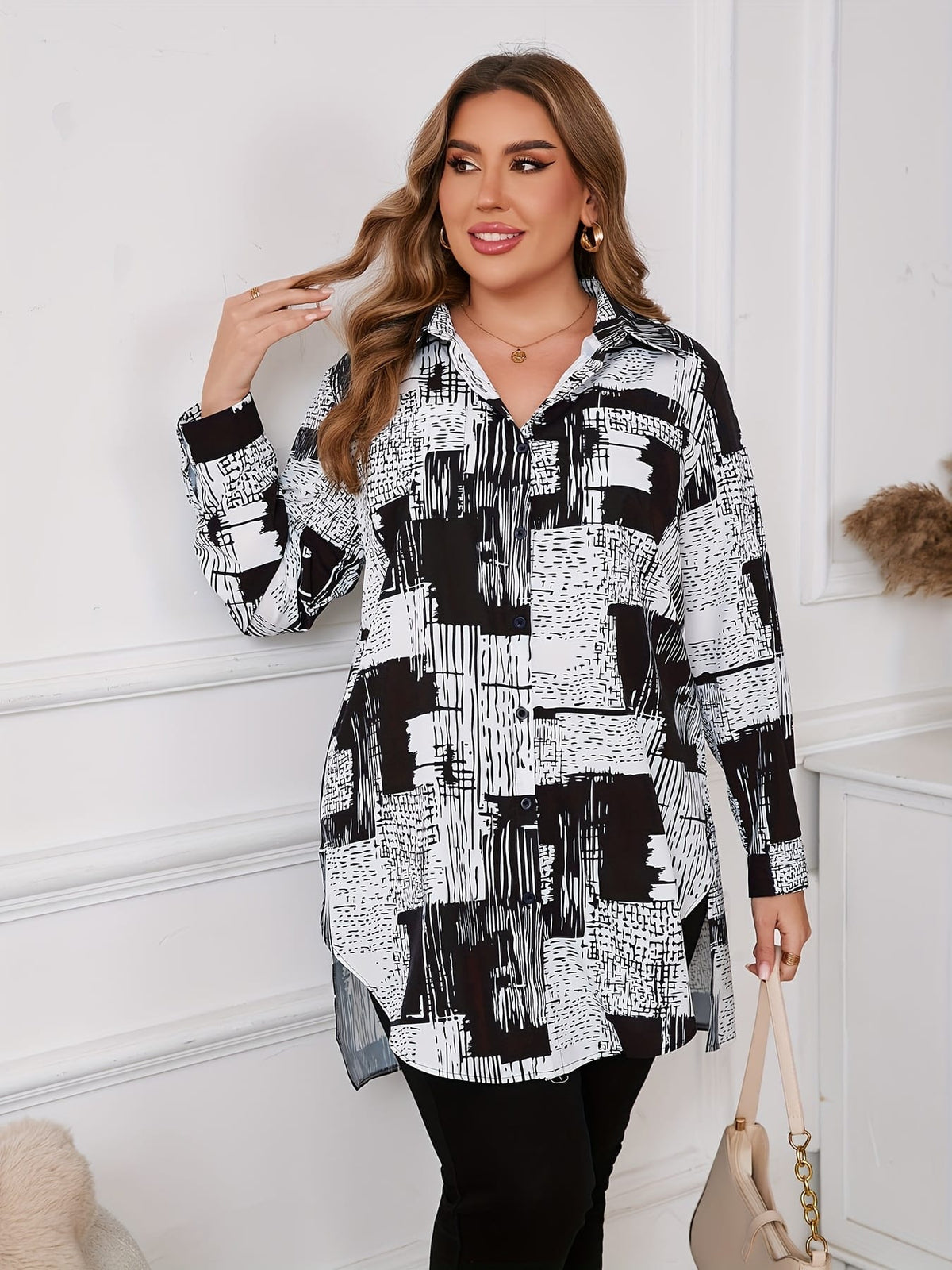 KissICON [Plus Size Elegant Geometric Shirt] Women'S Elegant Geometric-Patterned Shirt, Polyester 95% Spandex 5%, Long Sleeve with Lapel Collar, Slight Stretch Fabric, Woven, 110g/m², for Spring/Fall - Plus Size