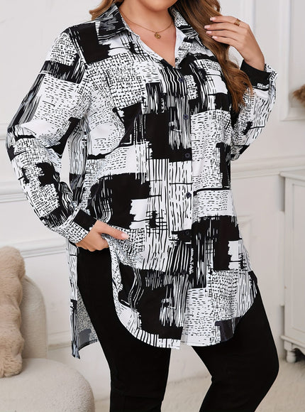 KissICON [Plus Size Elegant Geometric Shirt] Women'S Elegant Geometric-Patterned Shirt, Polyester 95% Spandex 5%, Long Sleeve with Lapel Collar, Slight Stretch Fabric, Woven, 110g/m², for Spring/Fall - Plus Size