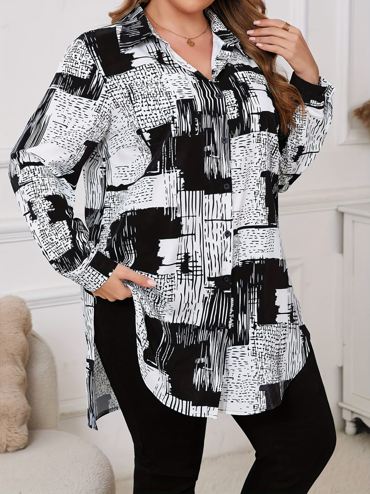 KissICON [Plus Size Elegant Geometric Shirt] Women'S Elegant Geometric-Patterned Shirt, Polyester 95% Spandex 5%, Long Sleeve with Lapel Collar, Slight Stretch Fabric, Woven, 110g/m², for Spring/Fall - Plus Size
