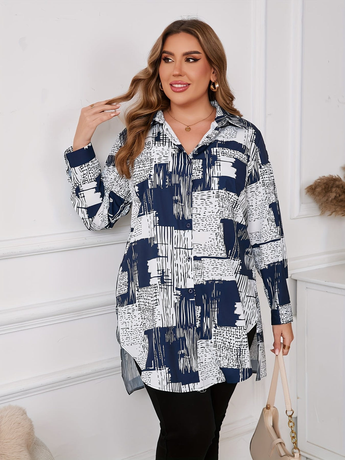 KissICON [Plus Size Elegant Geometric Shirt] Women'S Elegant Geometric-Patterned Shirt, Polyester 95% Spandex 5%, Long Sleeve with Lapel Collar, Slight Stretch Fabric, Woven, 110g/m², for Spring/Fall - Plus Size
