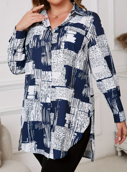KissICON [Plus Size Elegant Geometric Shirt] Women'S Elegant Geometric-Patterned Shirt, Polyester 95% Spandex 5%, Long Sleeve with Lapel Collar, Slight Stretch Fabric, Woven, 110g/m², for Spring/Fall - Plus Size