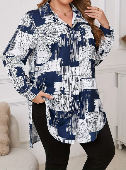 KissICON [Plus Size Elegant Geometric Shirt] Women'S Elegant Geometric-Patterned Shirt, Polyester 95% Spandex 5%, Long Sleeve with Lapel Collar, Slight Stretch Fabric, Woven, 110g/m², for Spring/Fall - Plus Size