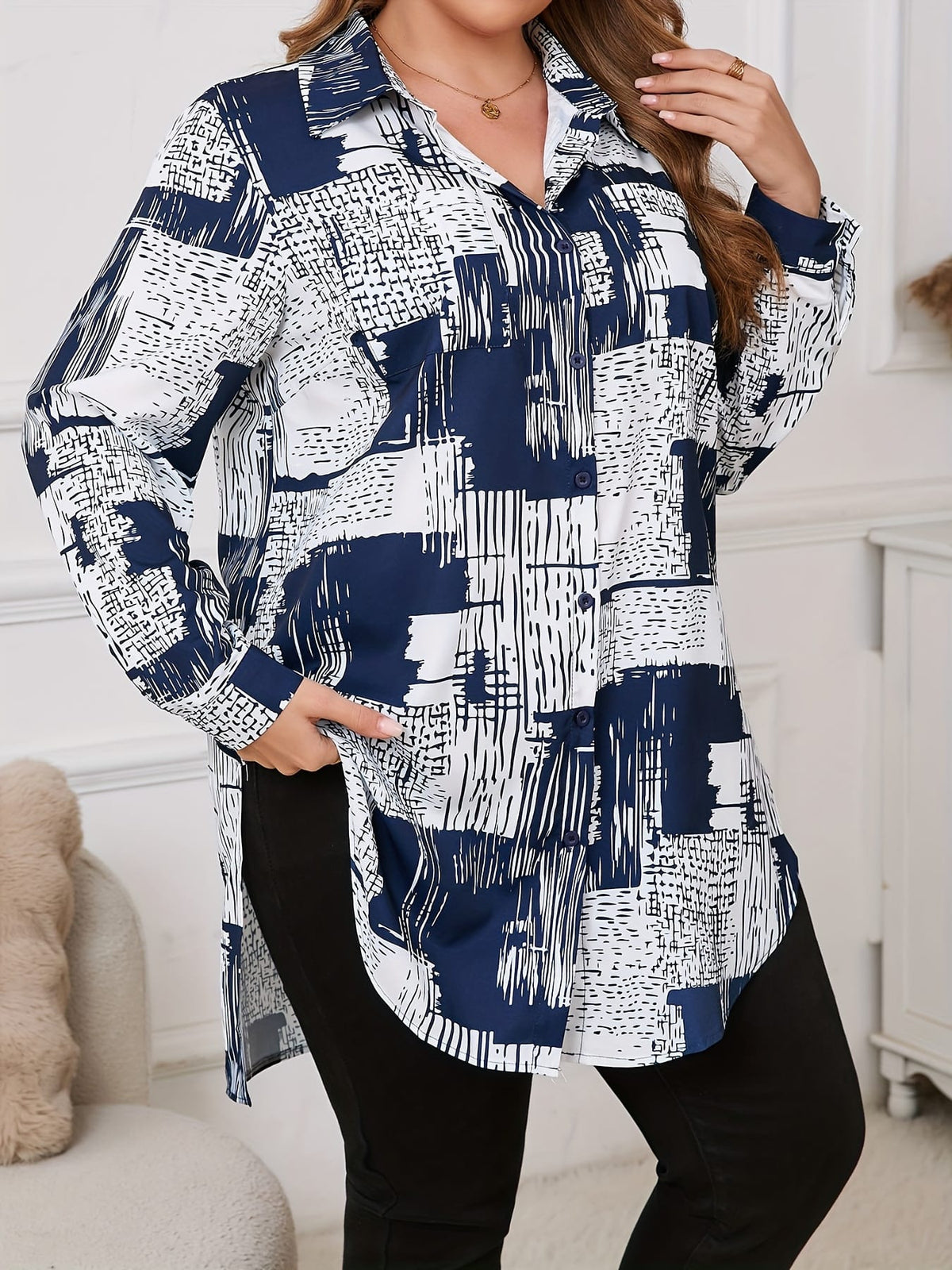 KissICON [Plus Size Elegant Geometric Shirt] Women'S Elegant Geometric-Patterned Shirt, Polyester 95% Spandex 5%, Long Sleeve with Lapel Collar, Slight Stretch Fabric, Woven, 110g/m², for Spring/Fall - Plus Size