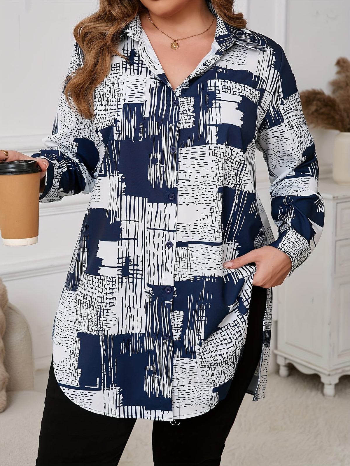 KissICON [Plus Size Elegant Geometric Shirt] Women'S Elegant Geometric-Patterned Shirt, Polyester 95% Spandex 5%, Long Sleeve with Lapel Collar, Slight Stretch Fabric, Woven, 110g/m², for Spring/Fall - Plus Size