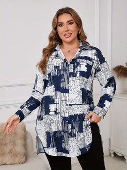 KissICON [Plus Size Elegant Geometric Shirt] Women'S Elegant Geometric-Patterned Shirt, Polyester 95% Spandex 5%, Long Sleeve with Lapel Collar, Slight Stretch Fabric, Woven, 110g/m², for Spring/Fall - Plus Size
