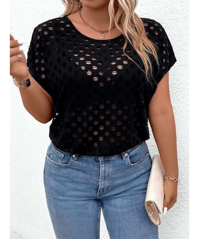 jkthpu-45 Plus Size Elegant Hollow-Out T-Shirt – Black Short Sleeve Crew Neck