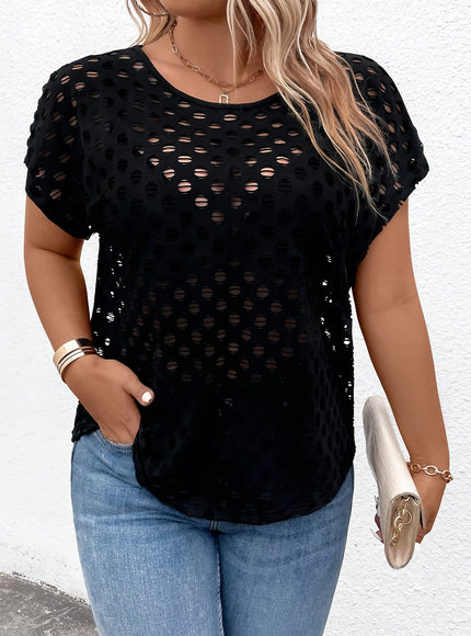 jkthpu-45 Plus Size Elegant Hollow-Out T-Shirt – Black Short Sleeve Crew Neck