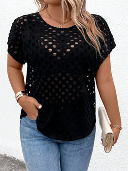 jkthpu-45 Plus Size Elegant Hollow-Out T-Shirt – Black Short Sleeve Crew Neck
