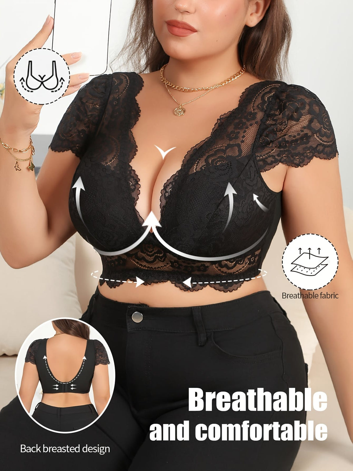jkthpu-45 Plus Size Elegant Lace Backless Crop Top  Breathable Fashion