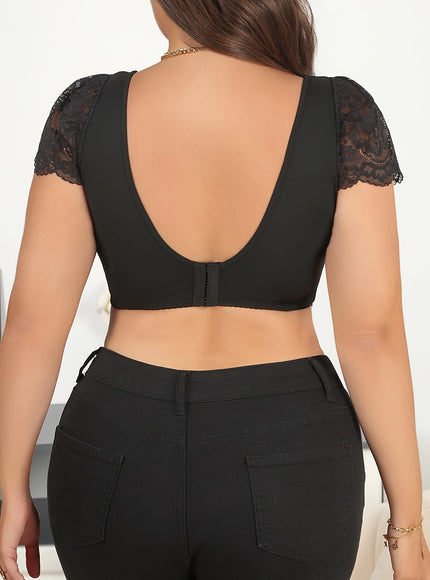 jkthpu-45 Plus Size Elegant Lace Backless Crop Top  Breathable Fashion