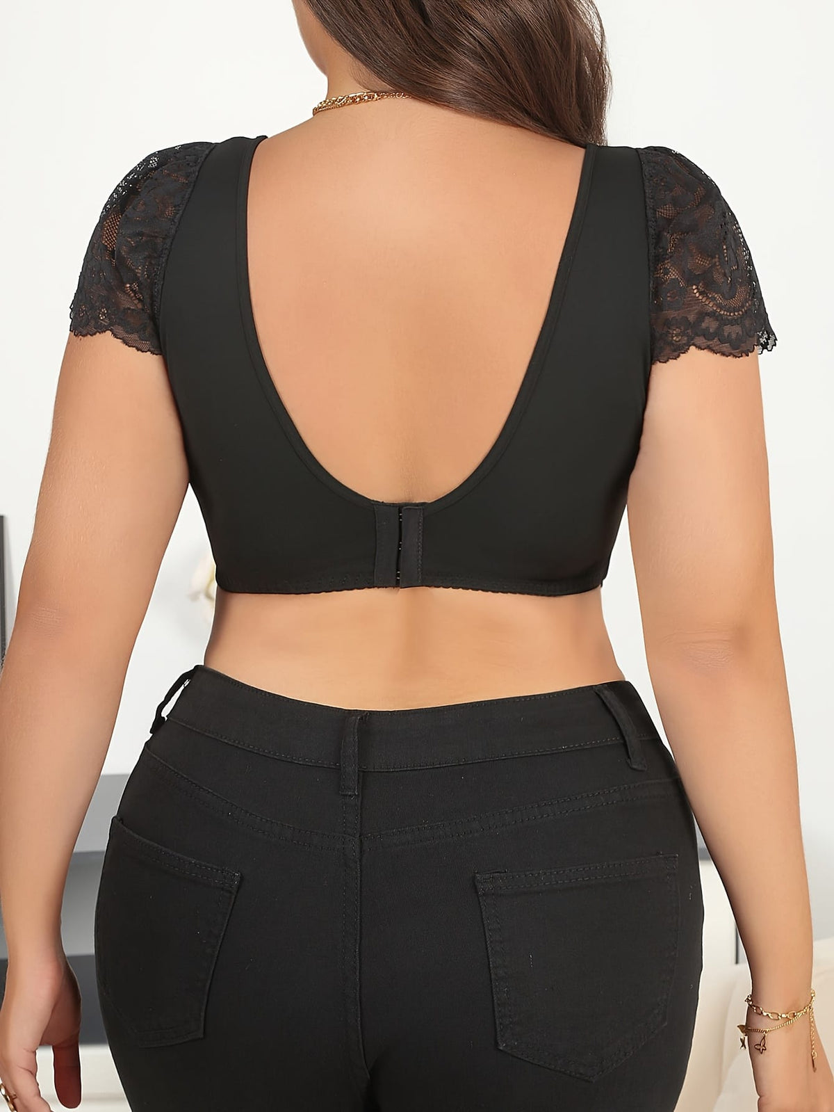 jkthpu-45 Plus Size Elegant Lace Backless Crop Top  Breathable Fashion