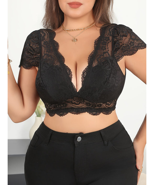 jkthpu-45 Plus Size Elegant Lace Backless Crop Top  Breathable Fashion