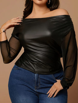 jkthpu-45 Plus Size Elegant Long Sleeve Mesh Top – Sheer Round Neck Pullover