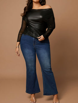 jkthpu-45 Plus Size Elegant Long Sleeve Mesh Top – Sheer Round Neck Pullover