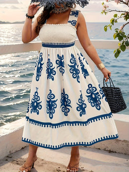 jkthpu-45 Plus Size, Elegant Off-Shoulder/Boat Neck Dress with Blue Floral Print - A-Line Mid-Length Casual Vacation Dress, Loose Fit Non-Stretch Fabric for Beach, Picnic & Outdoor
