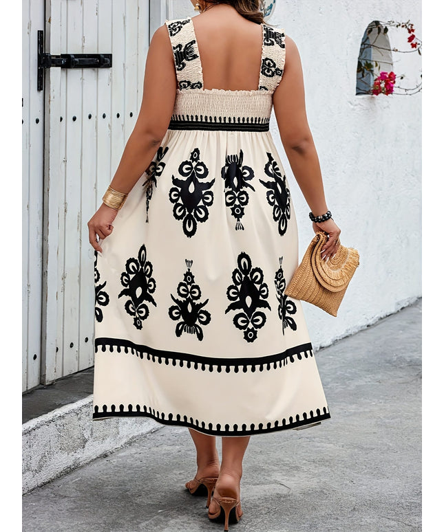 jkthpu-45 Plus Size, Elegant Off-Shoulder/Boat Neck Dress with Blue Floral Print - A-Line Mid-Length Casual Vacation Dress, Loose Fit Non-Stretch Fabric for Beach, Picnic & Outdoor