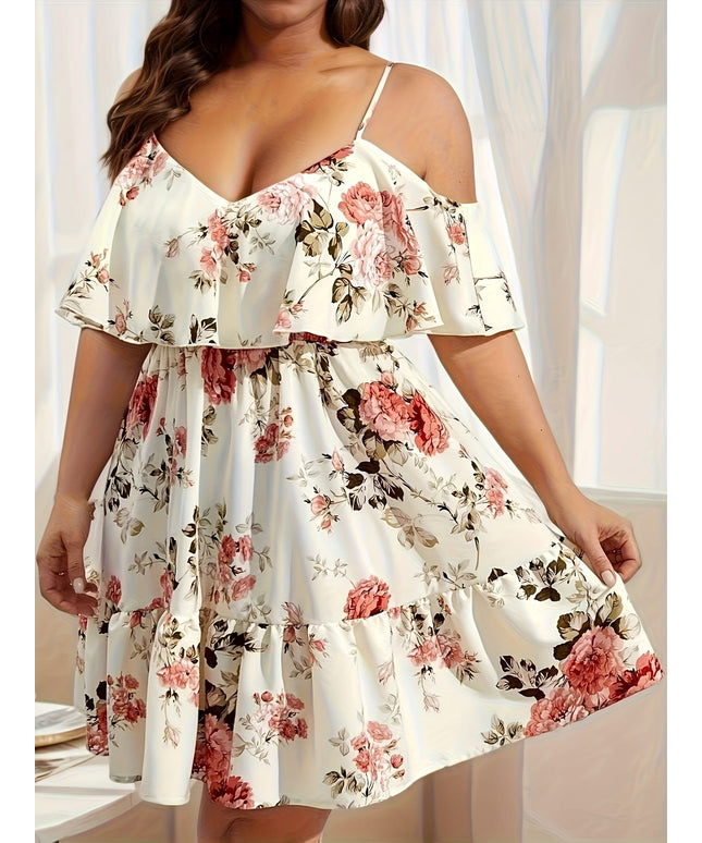 jkthpu-45 Plus Size - Elegant Off-Shoulder Floral Print Maxi Dress with Ruffle Hem - V-Neck, Short Sleeves, Lightweight Polyester for Women - Perfect for Spring/Summer/Fall, Floral Dress