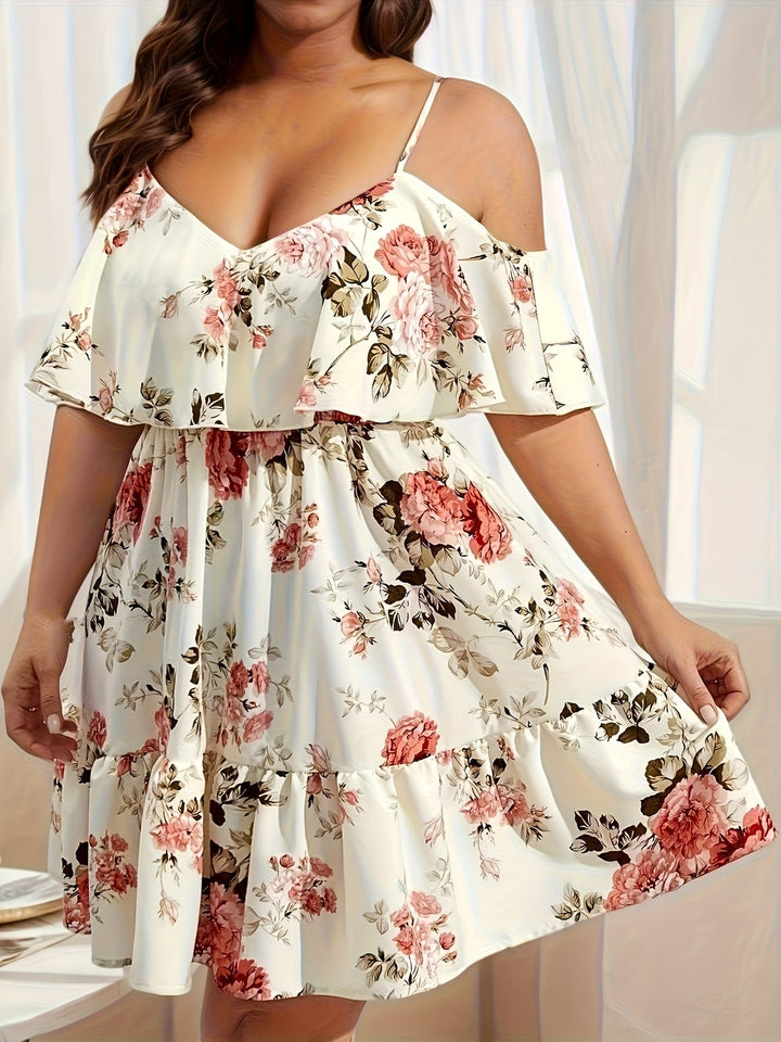 Plus Size - Elegant Off-Shoulder Floral Print Maxi Dress with Ruffle Hem - V-Neck, Short Sleeves, Lightweight Polyester for Women - Perfect for Spring/Summer/Fall, Floral Dress