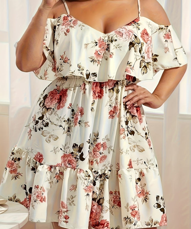 jkthpu-45 Plus Size - Elegant Off-Shoulder Floral Print Maxi Dress with Ruffle Hem - V-Neck, Short Sleeves, Lightweight Polyester for Women - Perfect for Spring/Summer/Fall, Floral Dress